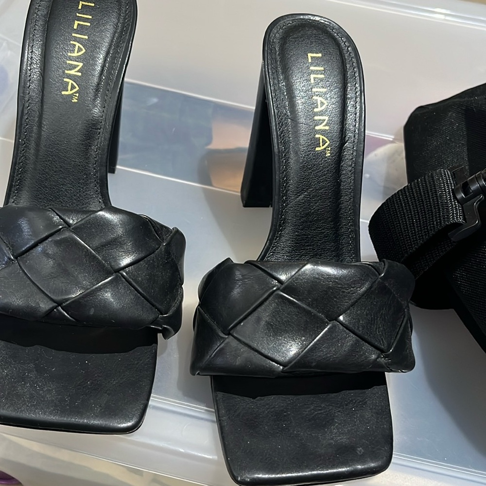 Black strapless heels w/ square heel
